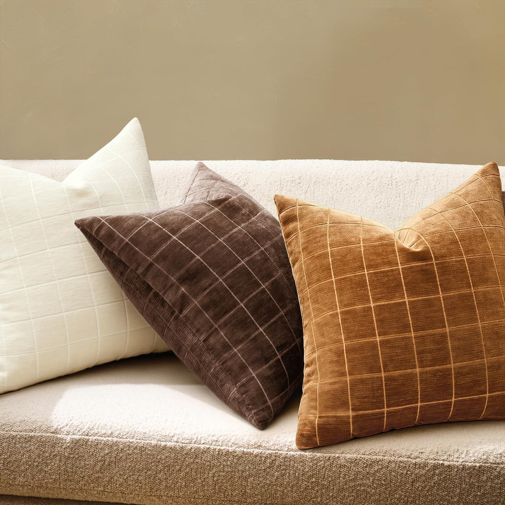 Miulee Decorative Chenille Check Throw Pillow Covers Vintage Plaid Couch Pillows 18x18 Inch Set of 2 Neutral Boho Farmhouse Cushion Covers…