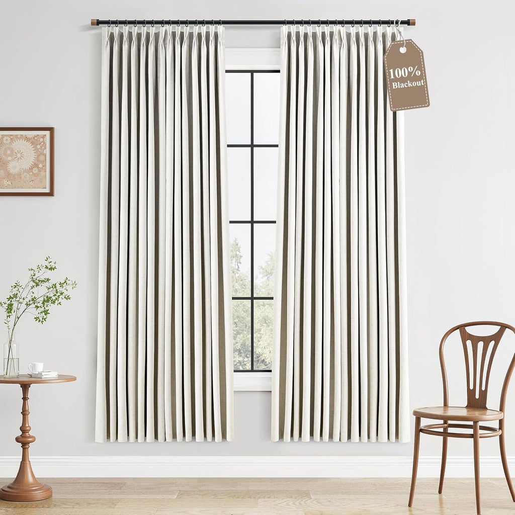 Boodii 100% Blackout Pinch Pleated Linen Curtains 72 Inch Length Beige Thermal Insulated Back Tab Drapes Room Darkening Farmhouse Noise Red…
