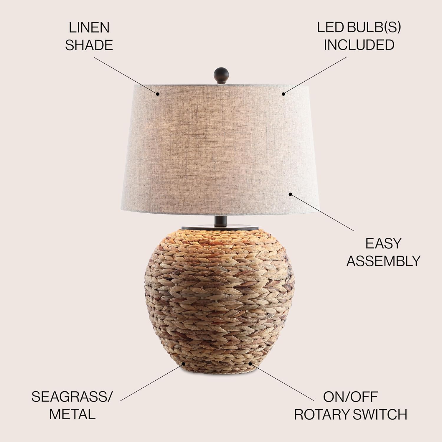 JONATHAN Y 24.5" Natural Water Hyacinth Farmhouse Basket Table Lamp, Coastal Decor for Living Room Bedroom Nightstand, Light Gray Linen…