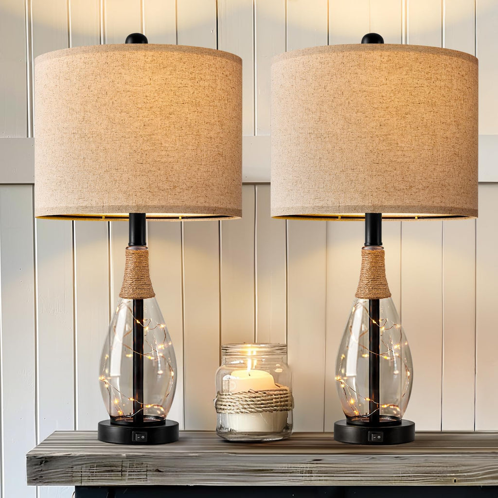 OYEARS 23" Table Lamps for Living Room Set of 2 Bedside Lamps for Night Stands Bedroom Lamps Farmhouse Rattan Boho Lamp Glass Nightlight…