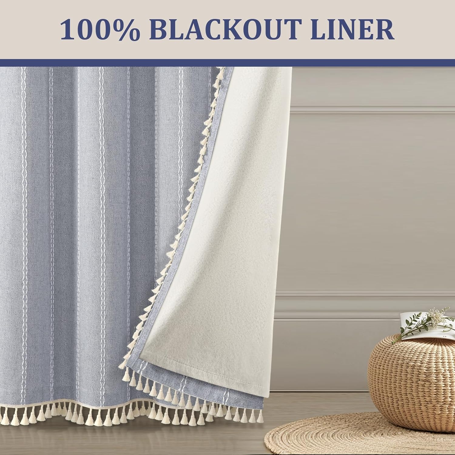 XOGUIBO Blue Boho Blackout Curtains 2 Panels 84 Inch for Living Room Bedroom, Linen Texture Farmhouse Curtains with Tassels and Whit…