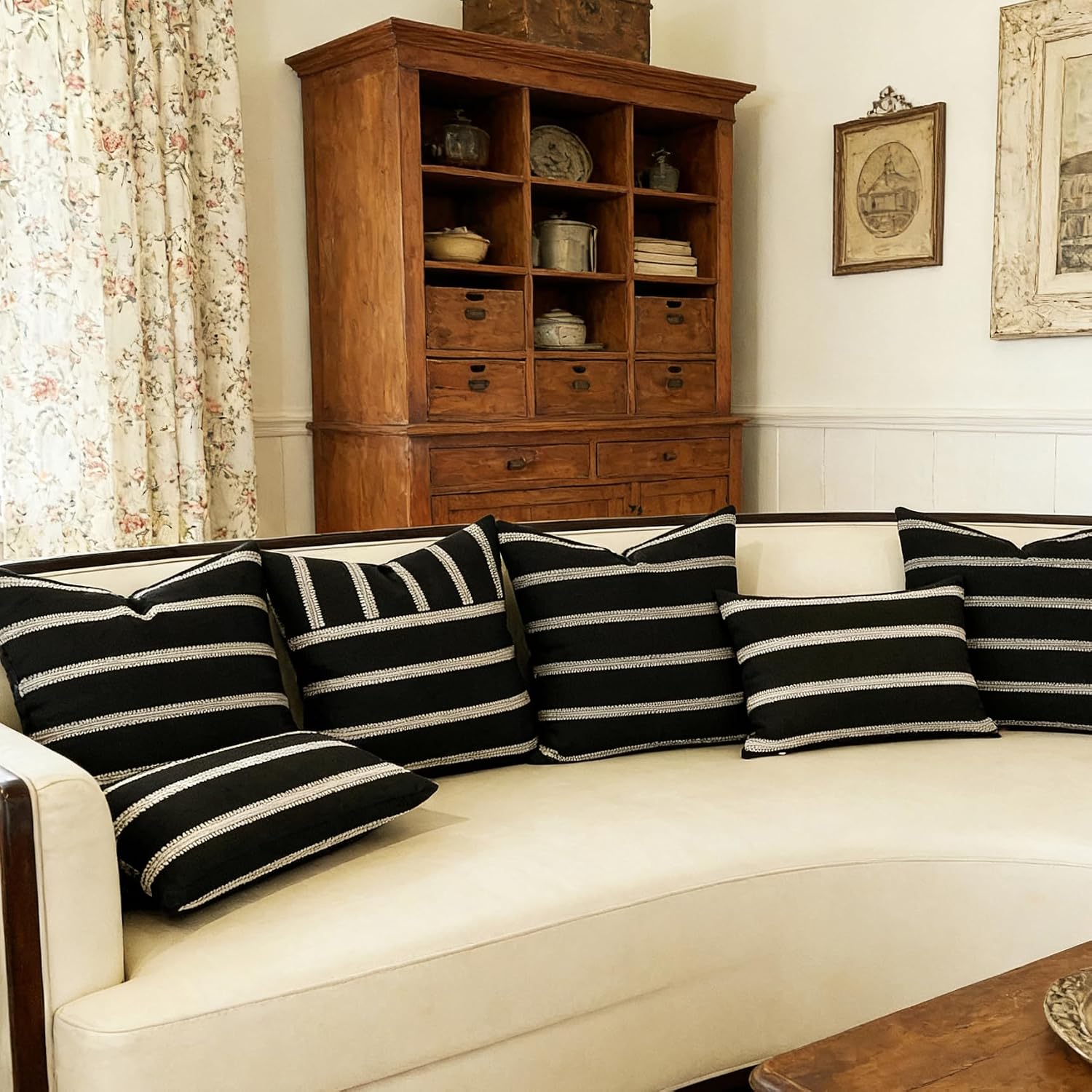Slow Cow Linen Black and Off White Jacquard Textured Woven Stripe Patchwork Throw Pillow Cover Square 18 x 18 Inches