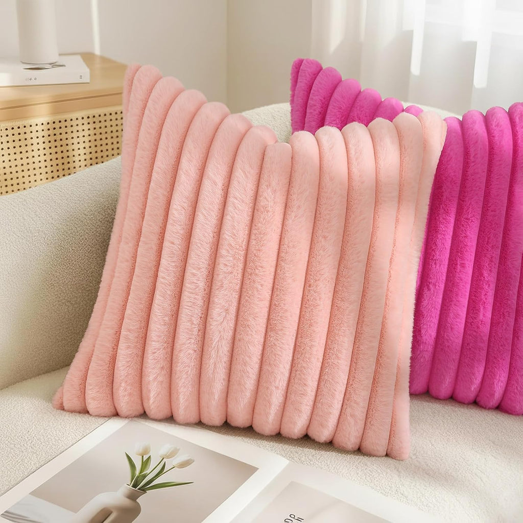 decorUhome Summer Cozy Faux Fur Throw Pillow Covers 16x16 Set of 2 Decorative Soft Plush Striped Modern Farmhouse Boho Couch Pillow Cases w…