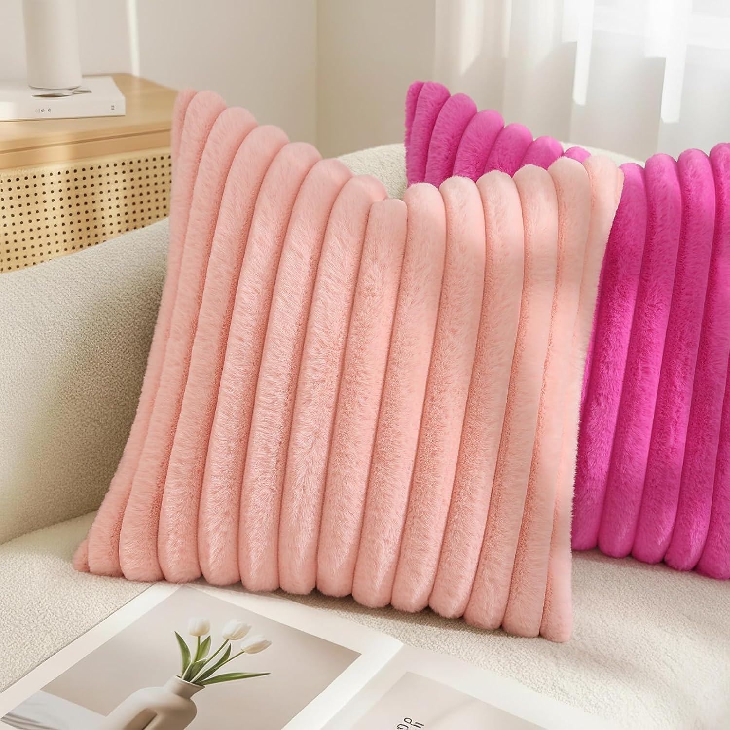 decorUhome Summer Cozy Faux Fur Throw Pillow Covers 26x26 Set of 2 Decorative Soft Plush Striped Modern Farmhouse Boho Couch Euro Sham Pill…