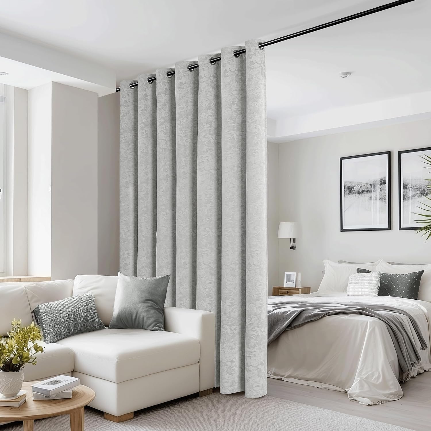Beauoop Grey Floral Jacquard Blackout Curtains 84 Inches Long for Patio Sliding Door Extra Wide Chenille Flower Divider Room Darkening…