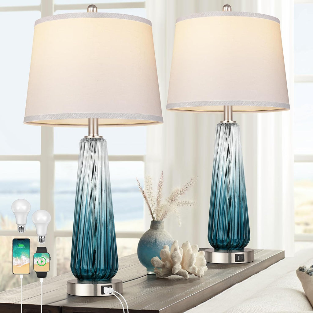 Table Lamps Set of 2 with Touch Control, Modern Glass Bedside Lamps with USB A+C Ports, 3-Way Dimmable Nightstand Lamp with White Fabric…