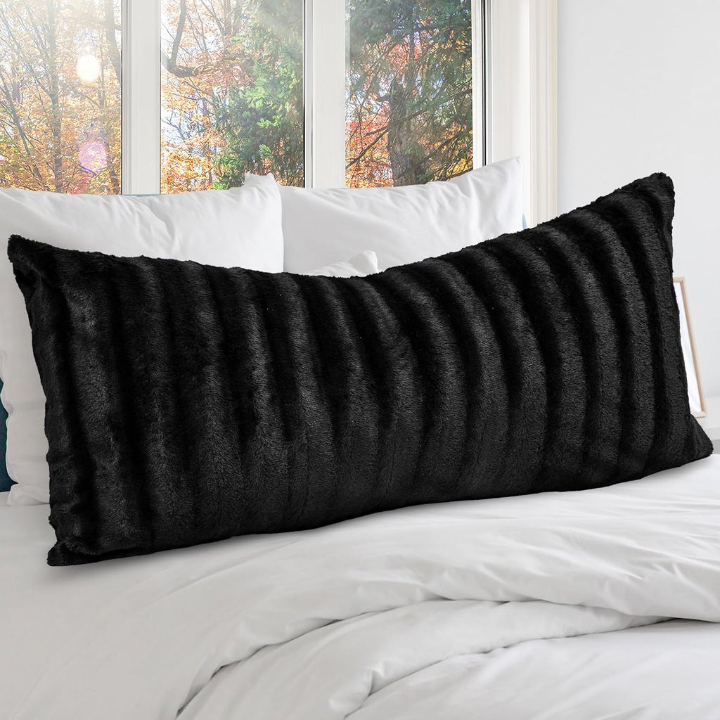 Cheer Collection Faux Fur Long Body Pillow - Accent Throw Pillow for Bed and Couch - Decorative Lumbar Pillow with Insert, Black (18" x 40")