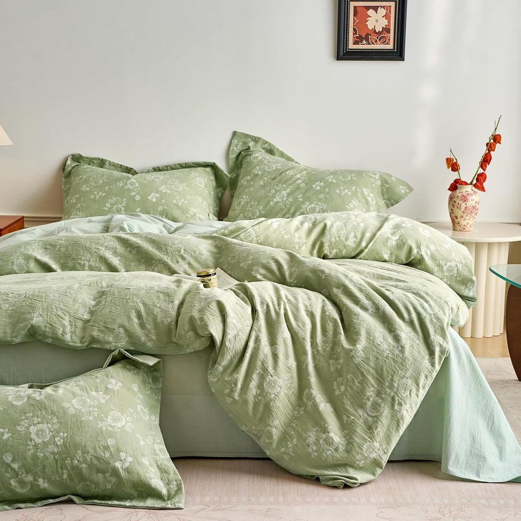 mixinni 100% Washed Cotton Cover Set, Reversible Vintage Green Floral Butterfly Jacquard Textured Comforter Cover, Boho Farmhouse Bedding S…