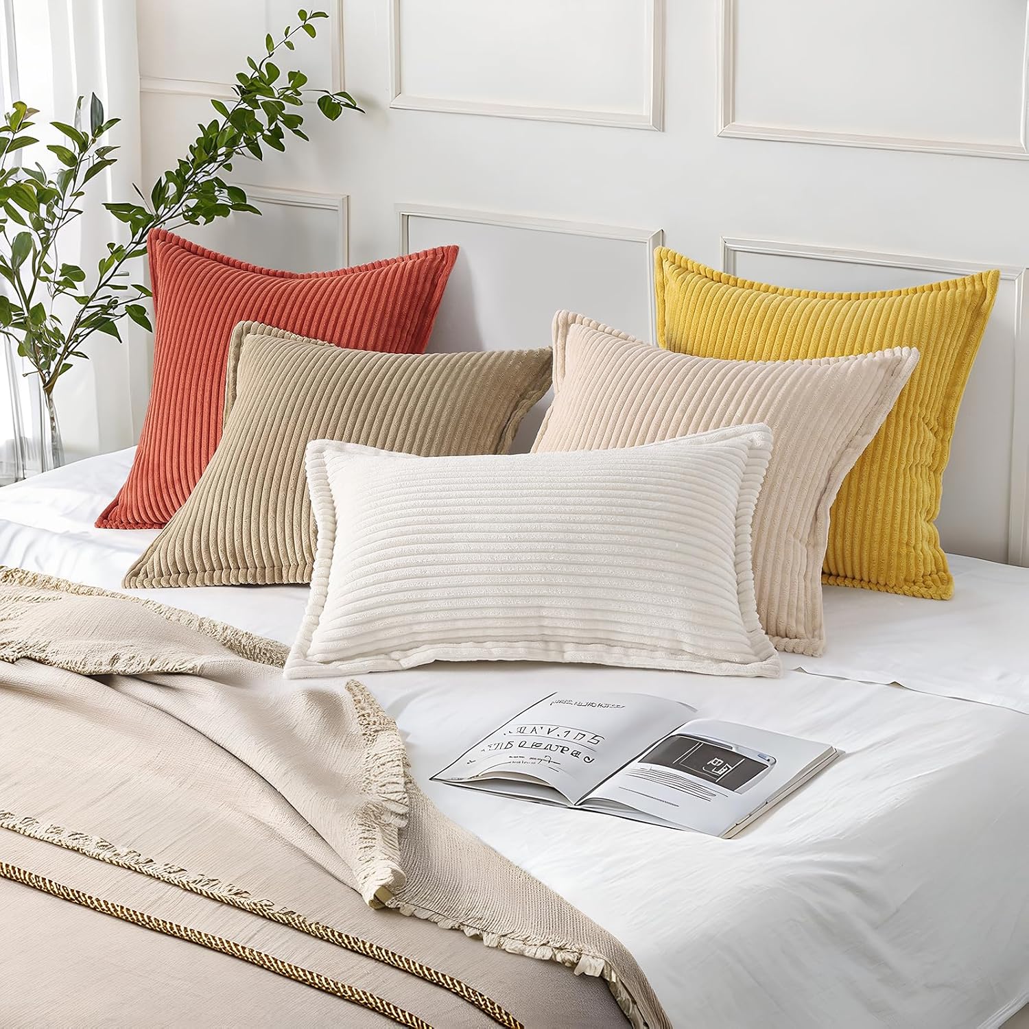 Mecatny Corduroy Summer Throw Pillow Covers 12x20 Set of 2, Neutral Decorative Soft Boho Lumbar Couch Pillow Covers with Broadside for…