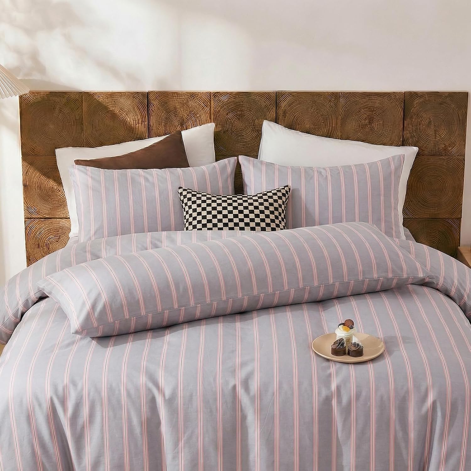 Merryword Queen Size Pillowcases, 100% Cotton Pillow Cases, Gray and Pink Striped Pillowcases, Luxury Linen Like Pillowcase, Soft Breathabl…