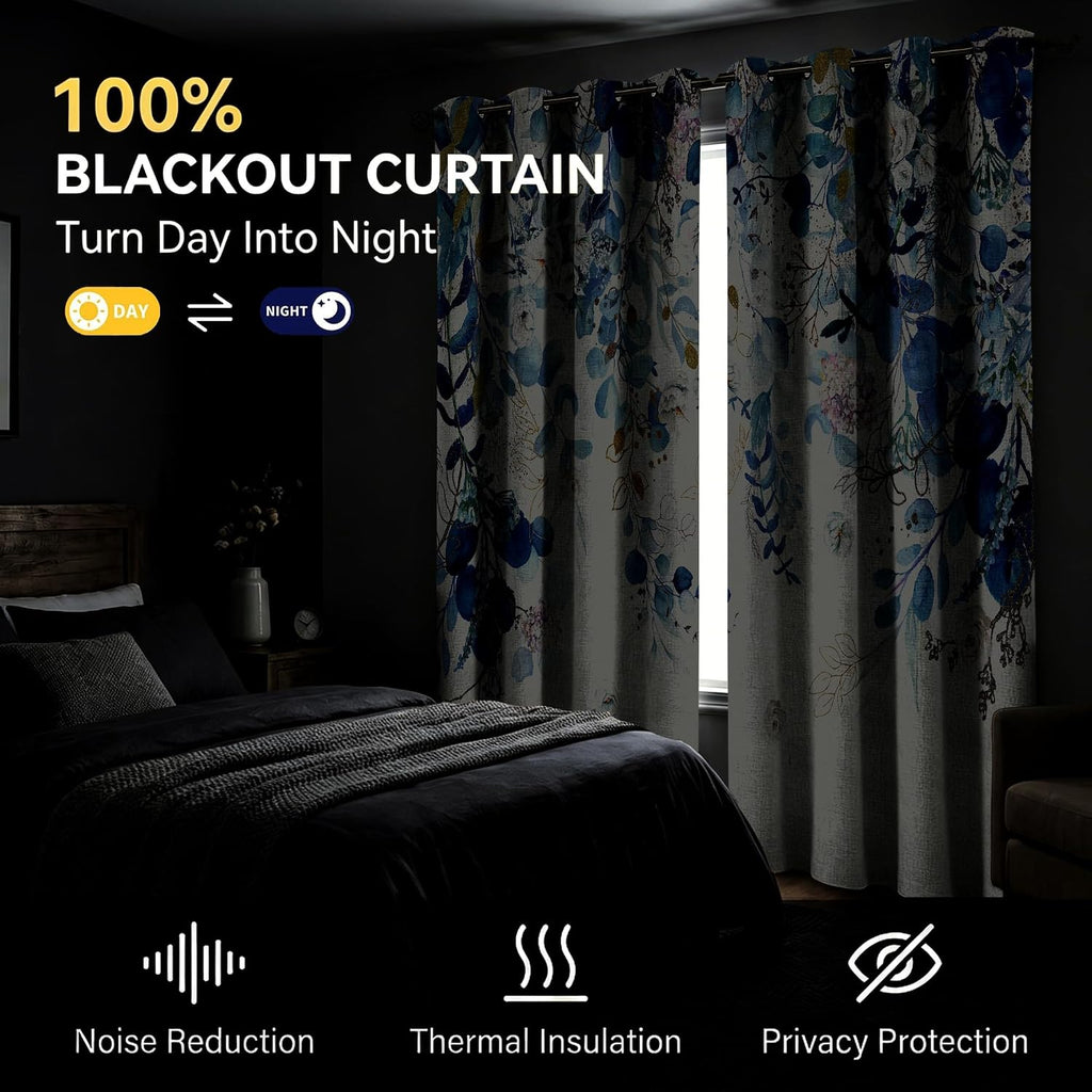 GOLDLAWN Blue and White Blackout Linen Textured Curtains for Bedroom Blue Floral Summer Thermal Insulated Grommet Room Darkening Cur…