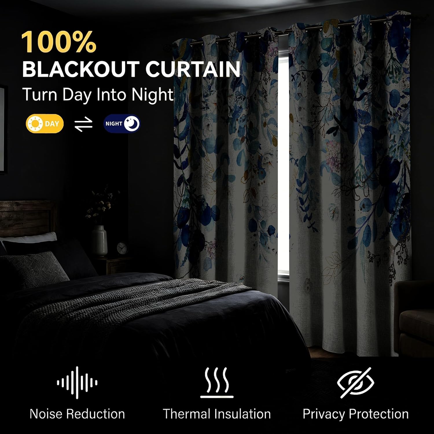 GOLDLAWN Blue and White Blackout Linen Textured Curtains for Bedroom Blue Floral Summer Thermal Insulated Grommet Room Darkening Cur…