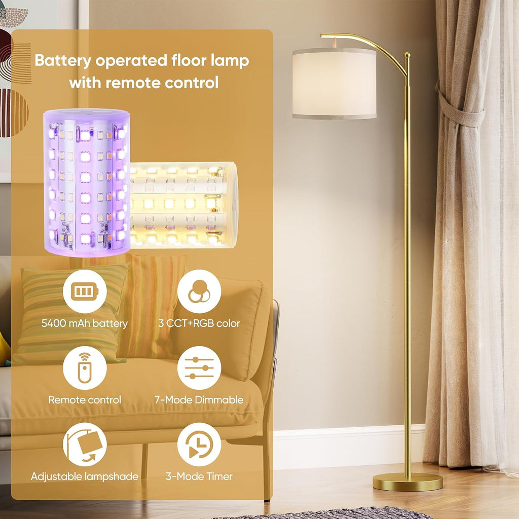 Battery Operated Floor Lamp, RGB Dimmable Cordless Standing Lamp with Remote Control for Living Room, Tall Floor Lamp for Bedroom -Gold