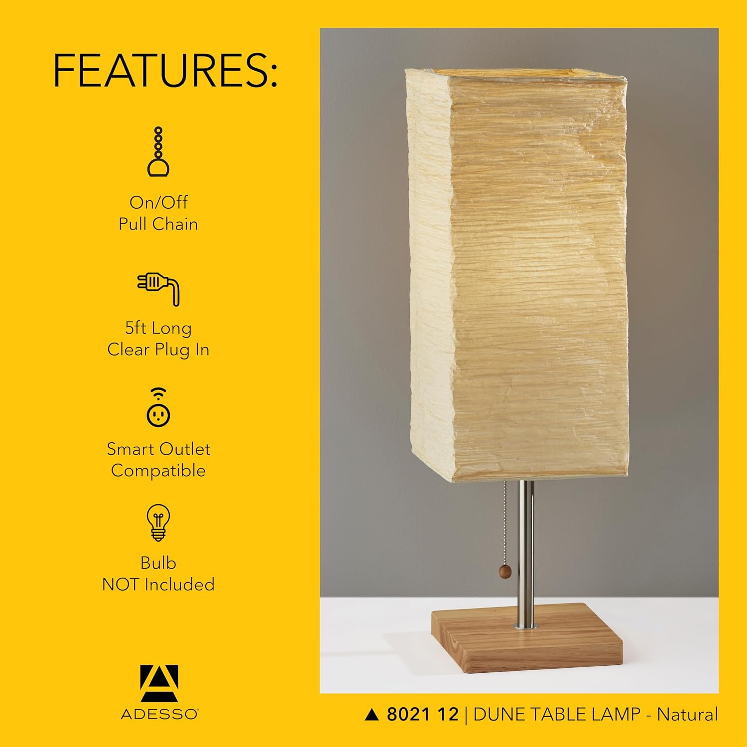 Adesso 26” Table Lamp with Natural Wood Base, Brushed Steel Finish & Crinkle Paper Shade – Perfect Lighting for Bedroom, Living Room and…