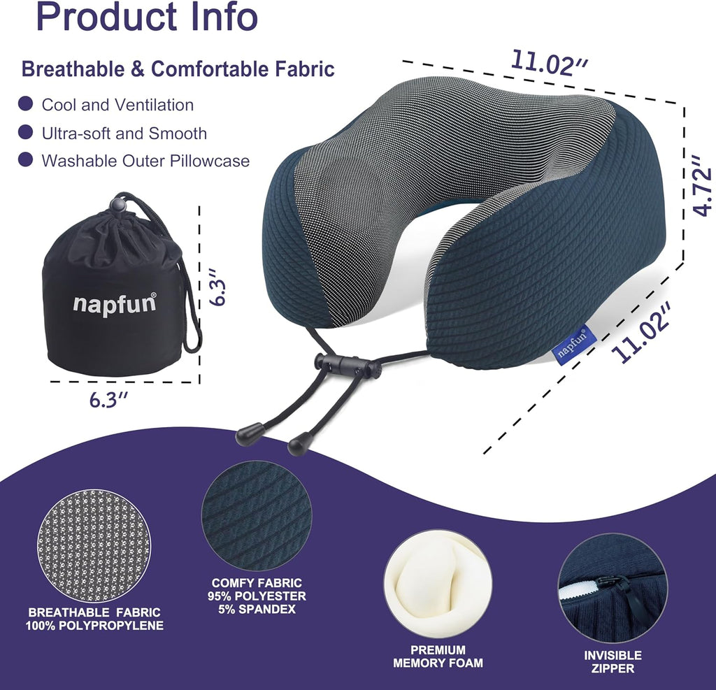 napfun Neck Pillow for Traveling, Upgraded Travel Neck Pillow for Airplane 100% Pure Memory Foam Travel Pillow for Flight Headrest Sleep…