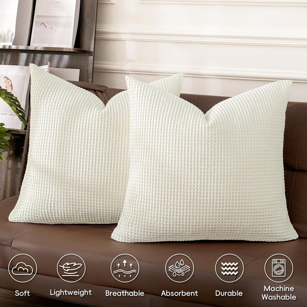 Phf 100% Cotton Waffle Weave Euro Shams 26"X26", No Filling, 2 Pack Elegant Home Decorative Euro Throw Pillow Covers for Bed Couch Sofa, Cre…