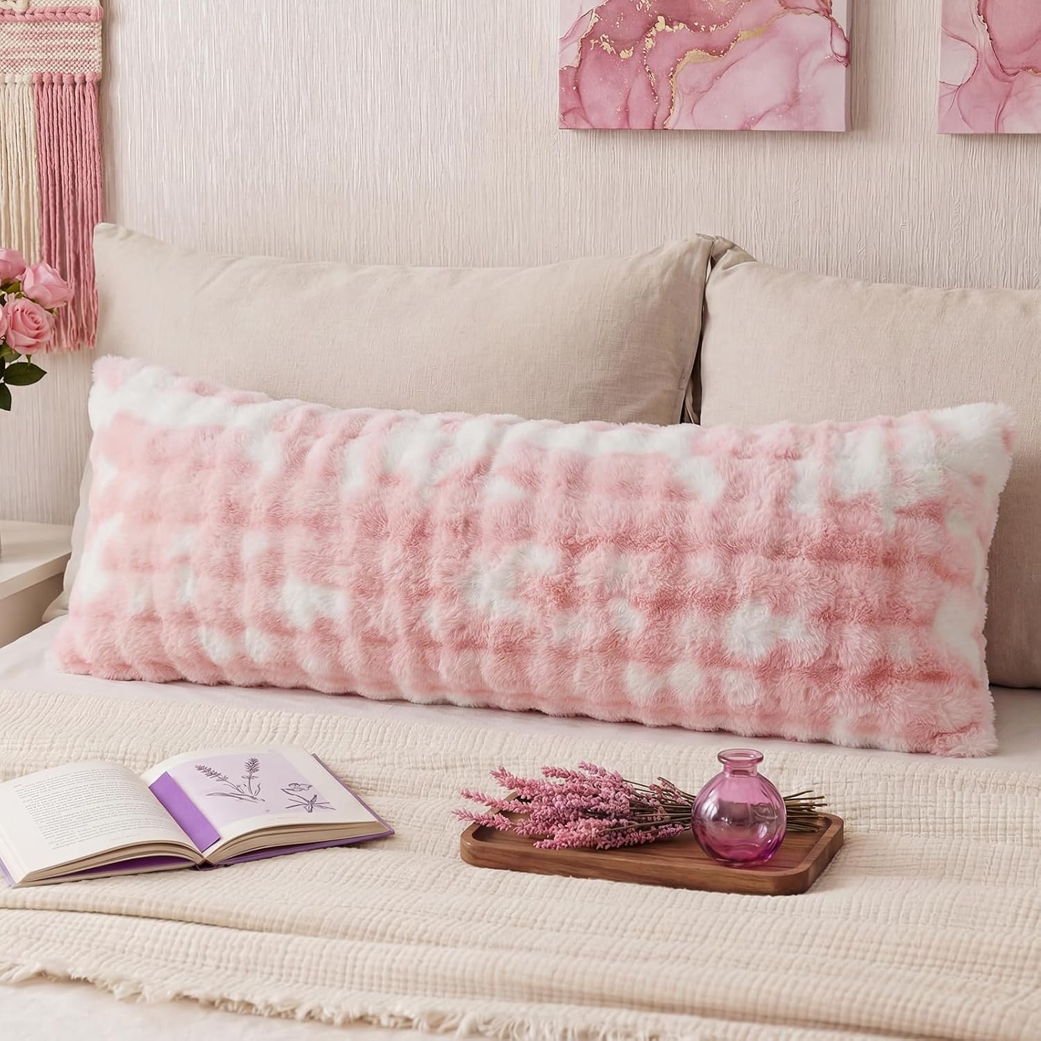 Chumerry Pink Fluffy Body Pillow Cover Faux Fur Pillowcase Extra Soft Fuzzy Plush Long Pillow Cover Gradient Pink Shaggy Body Pillow Case f…