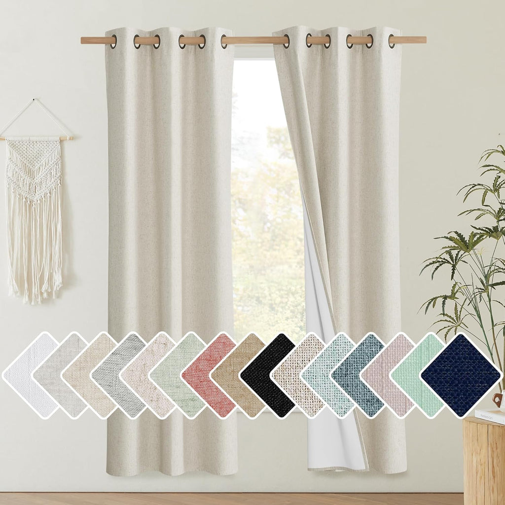 NICETOWN Natural Thick Linen Blend 100% Blackout Curtains 70" Long 2 Panels Set for Bedroom, 34" Wide, Rustic Grommet Thermal Insulated…