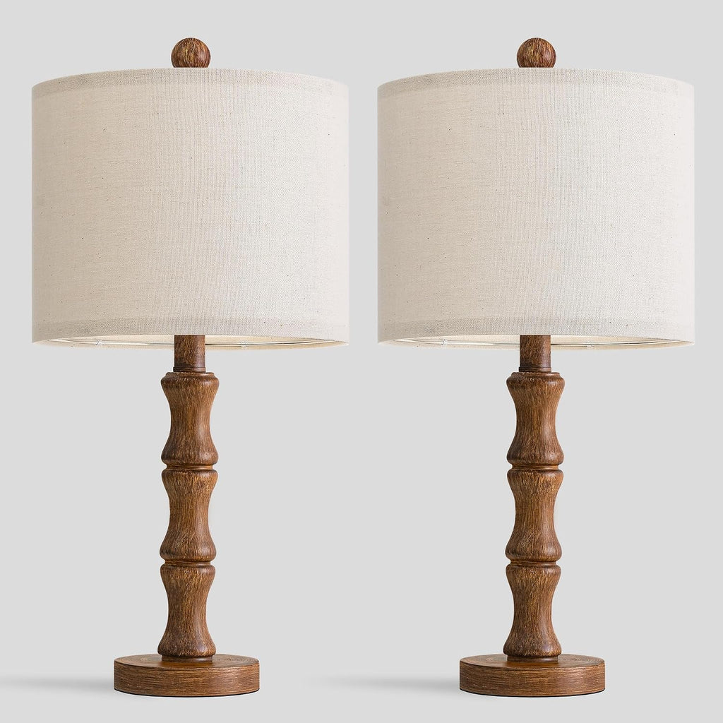 BOBOMOMO 20.5" Rustic Table Lamps Set of 2, Farmhouse Nightstand Lamp with Wood Grain Resin Base & Linen Shade, Small Bedside Lamp for…