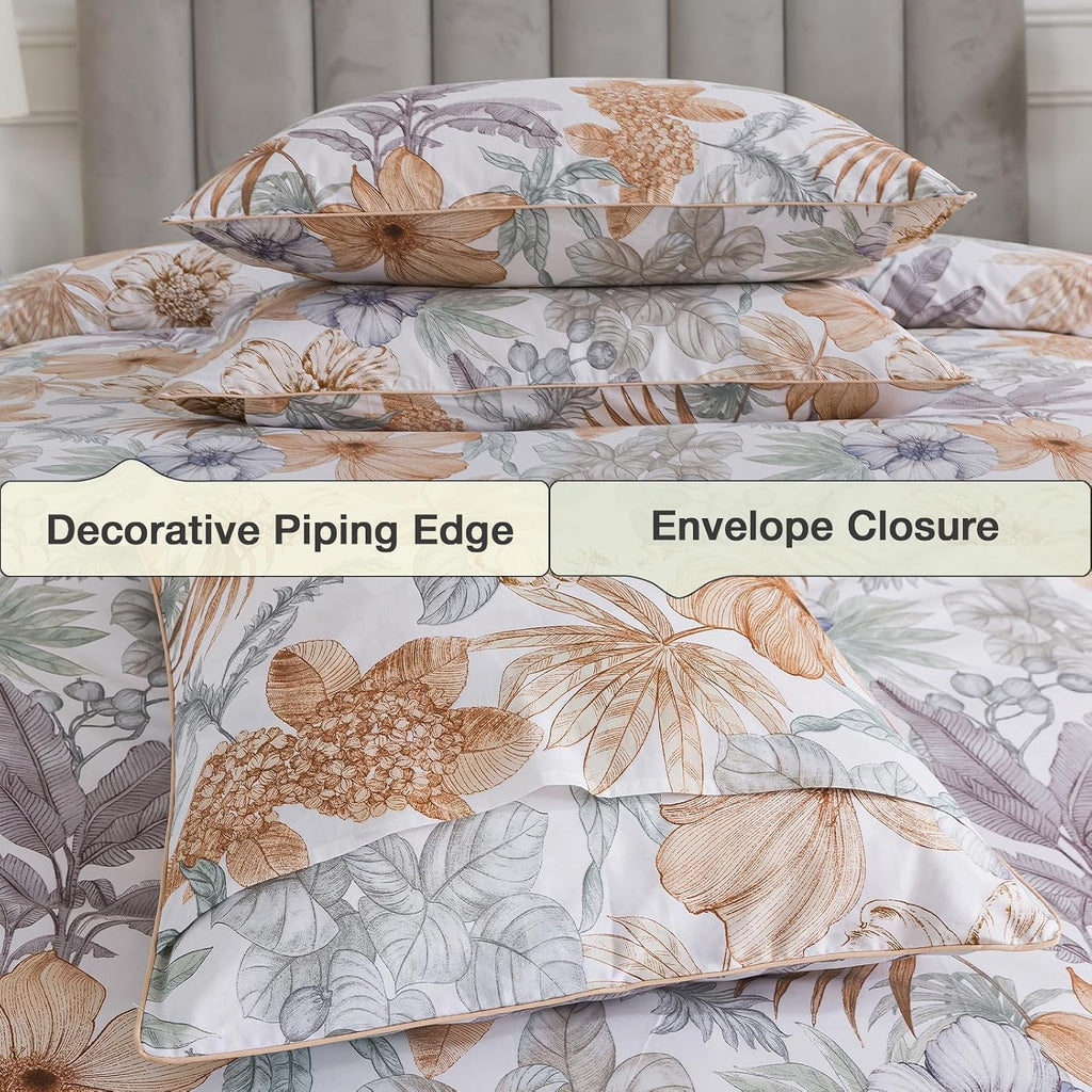 Puralens Tropical Floral Queen Size Duvet Cover Set 100% Cotton Percale, Palm Leaves Reversible Zipper White Duvet Covers, Soft Crisp Moder…