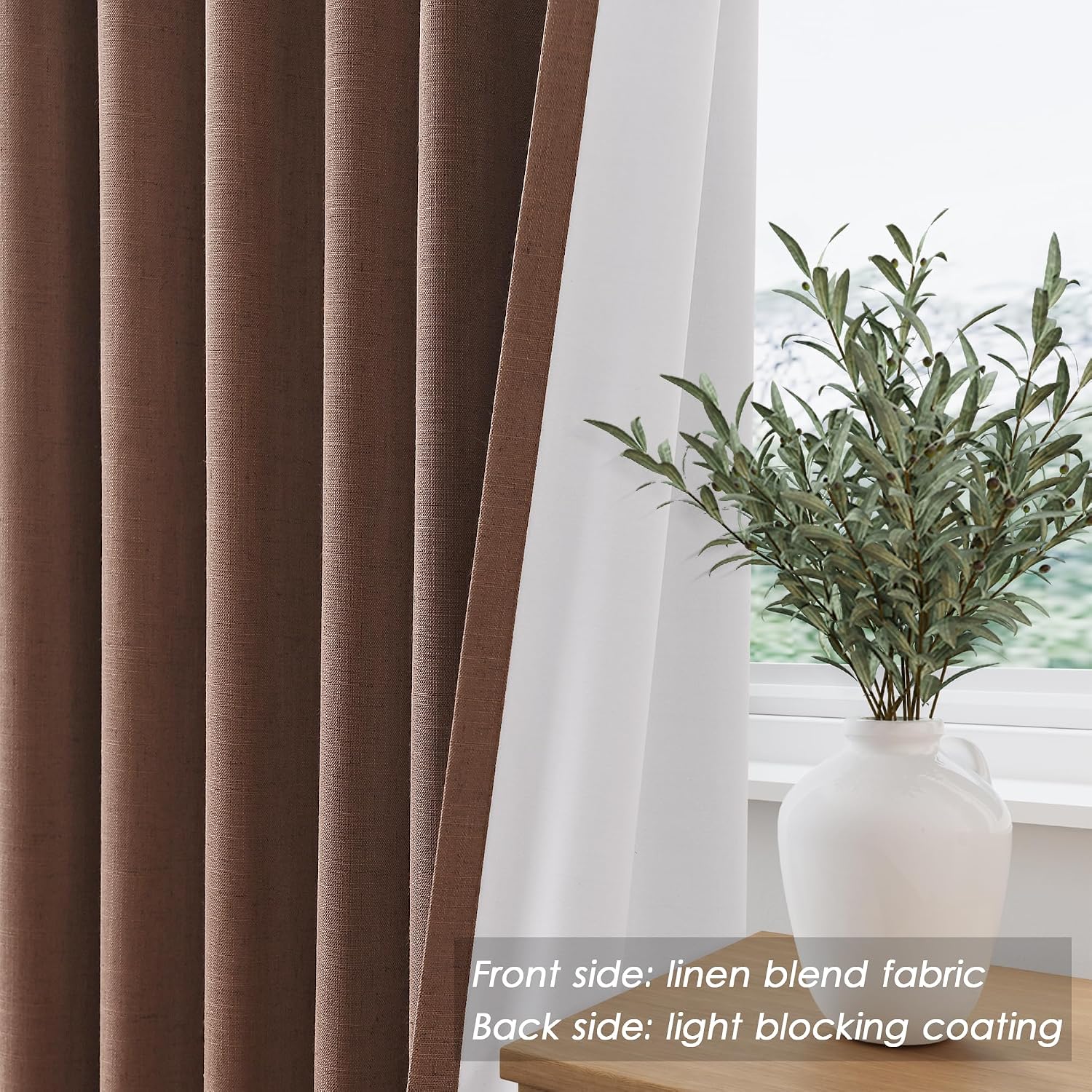 Nanspring Caramel Brown 100% Blackout Linen Curtains for Bedroom 96 Inches Long Back Tab Rod Pocket Thermal Insulated Vintage Black Black O…