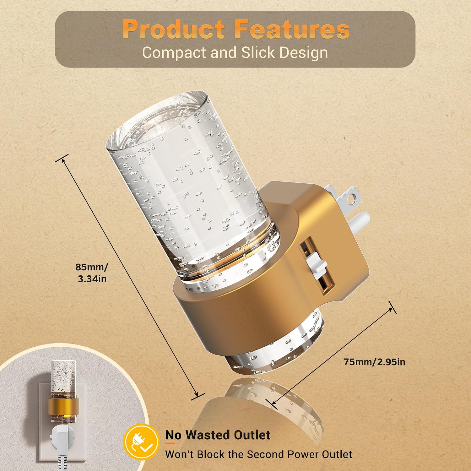 JandCase Night Lights Plug into Wall, Gold Night Light with 3 Colors, 2 Pack Dimmable Plug in Nightlight, Dusk to Dawn Sensor, Adjustable…