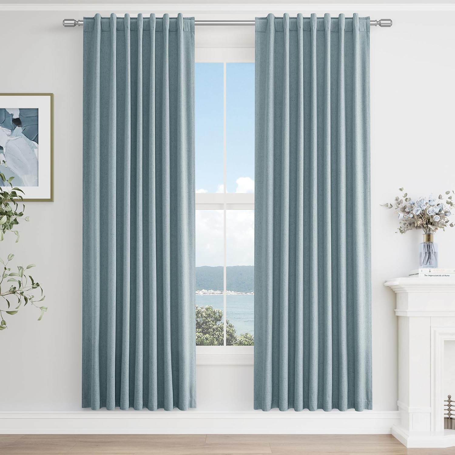 Guken Blue 100% Blackout Linen Curtains 78 Inch Length 2 Panels Set for Living Room Bedroom Back Tab Thermal Insulated Black Out Drapes Roo…