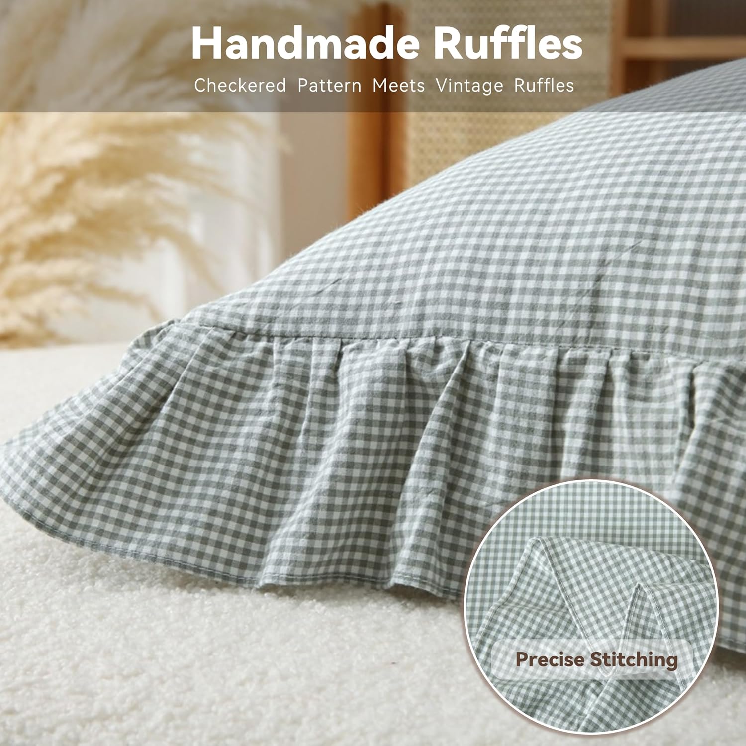 Jilboo 2 Pack 18 x18 inches Green/White Checkered Throw Pillow Covers 100% Washed Cotton Vintage Ruffle Trim Decorative Gingham Pillowcases…
