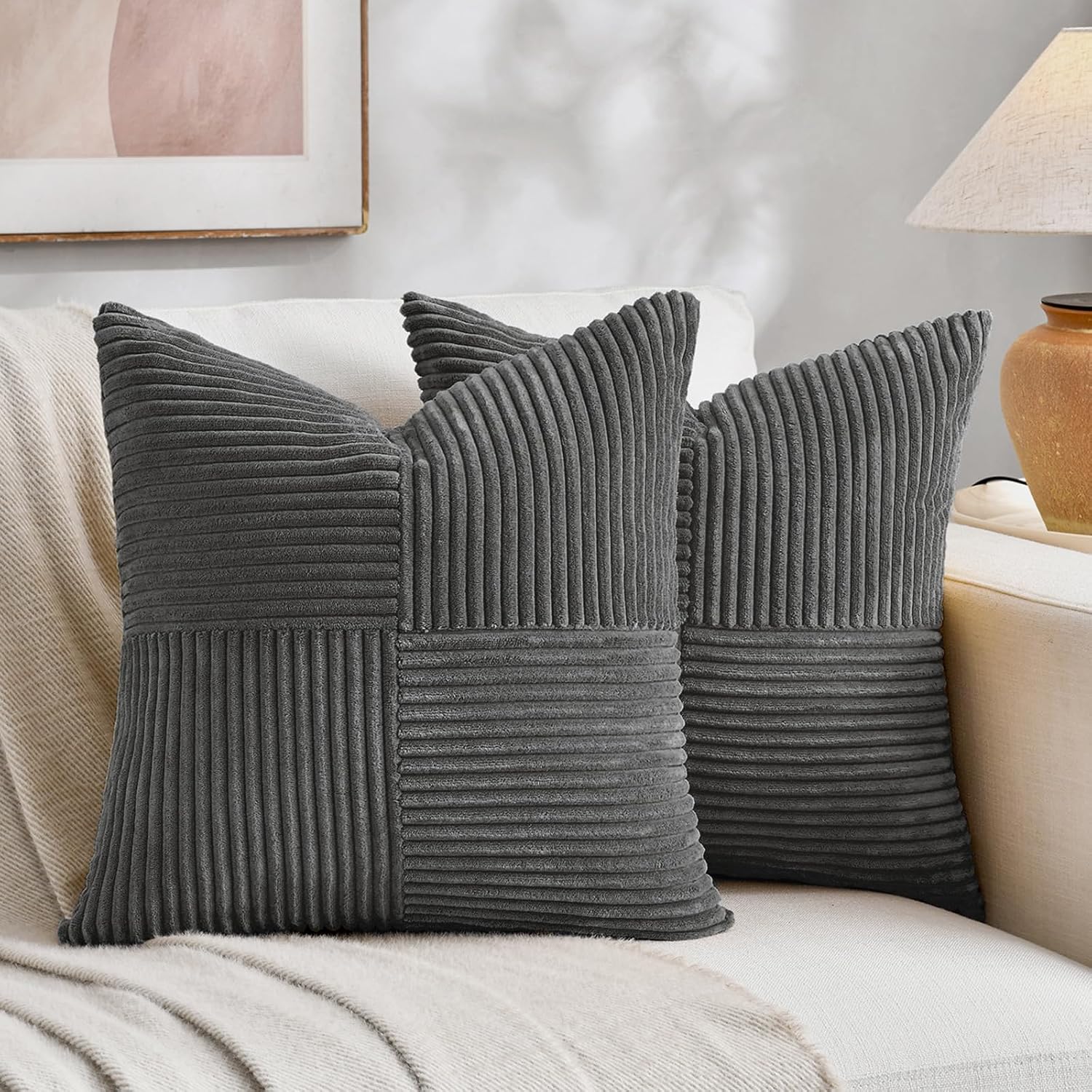 Fancy Homi 2 Packs Dark Gray Decorative Throw Pillow Covers 18x18 Inch for Living Room Couch Sofa, Rustic Farmhouse Boho Home Decor, Soft…