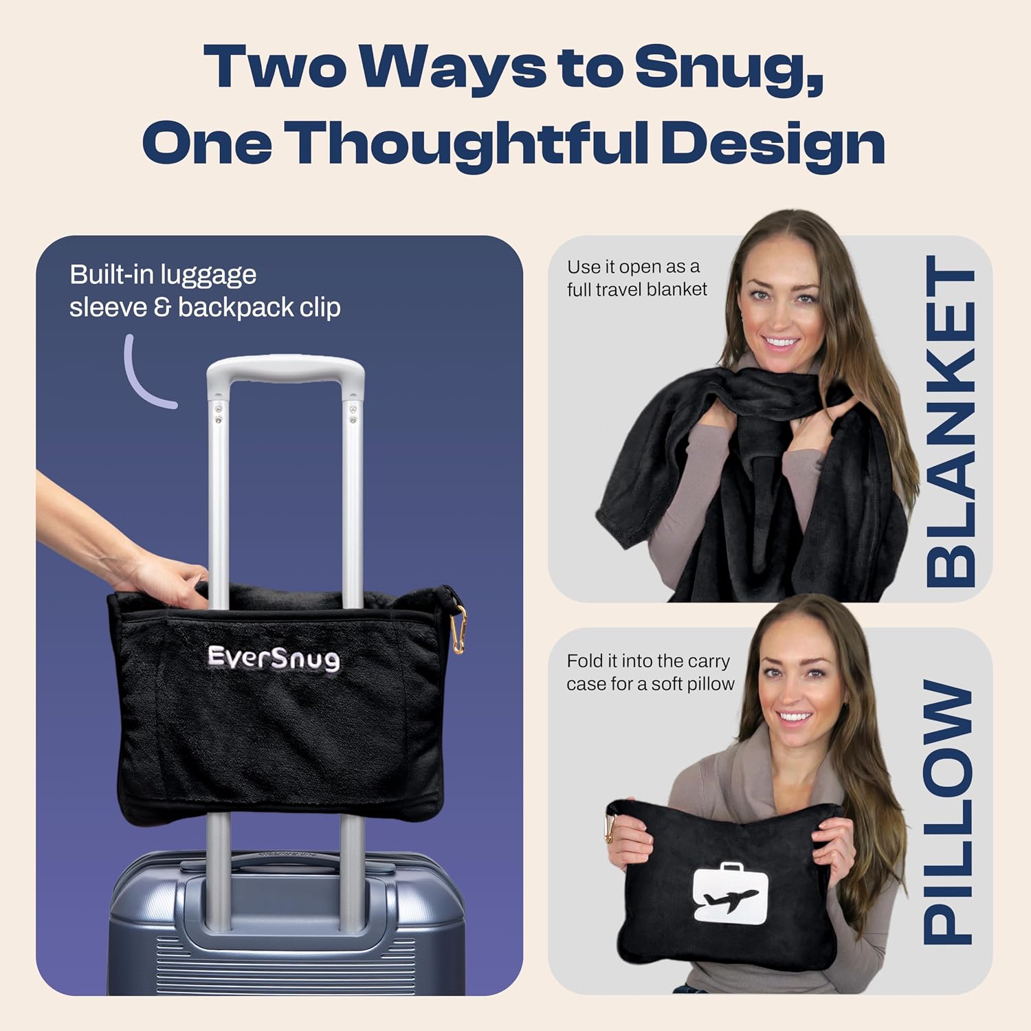 EverSnug Travel Blanket and Pillow - Ultra-Soft, Compact & Lightweight, 65x40 Inches, with Carry Case, Luggage Sleeve & Backpack Clip for…