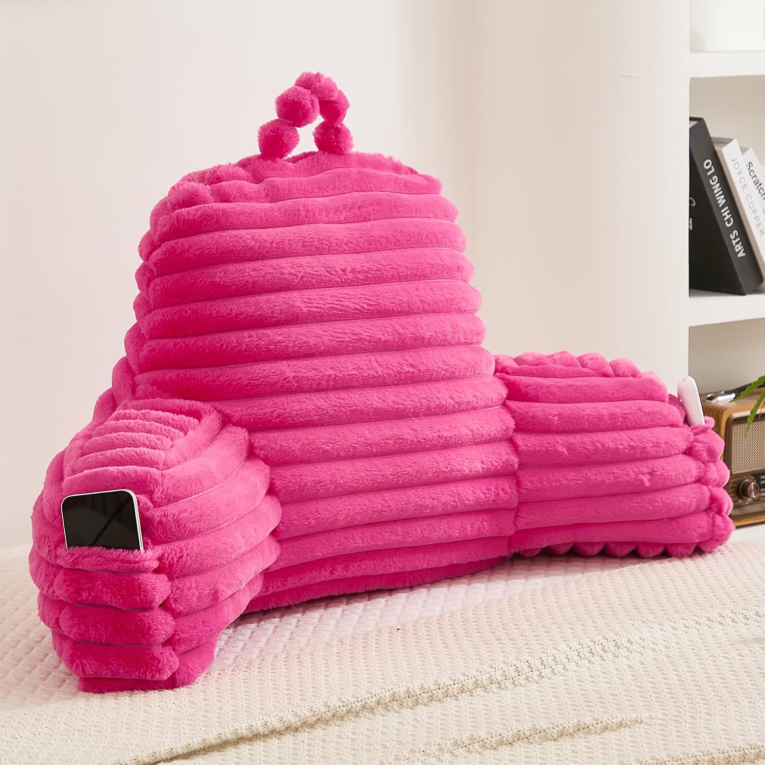 Memfydu Faux Fur Fluffy Hot Pink Reading Pillow with Pockets, Luxury Striped Plush Decorative, Arm Rests and Back Support for Bed Rest, Lou…