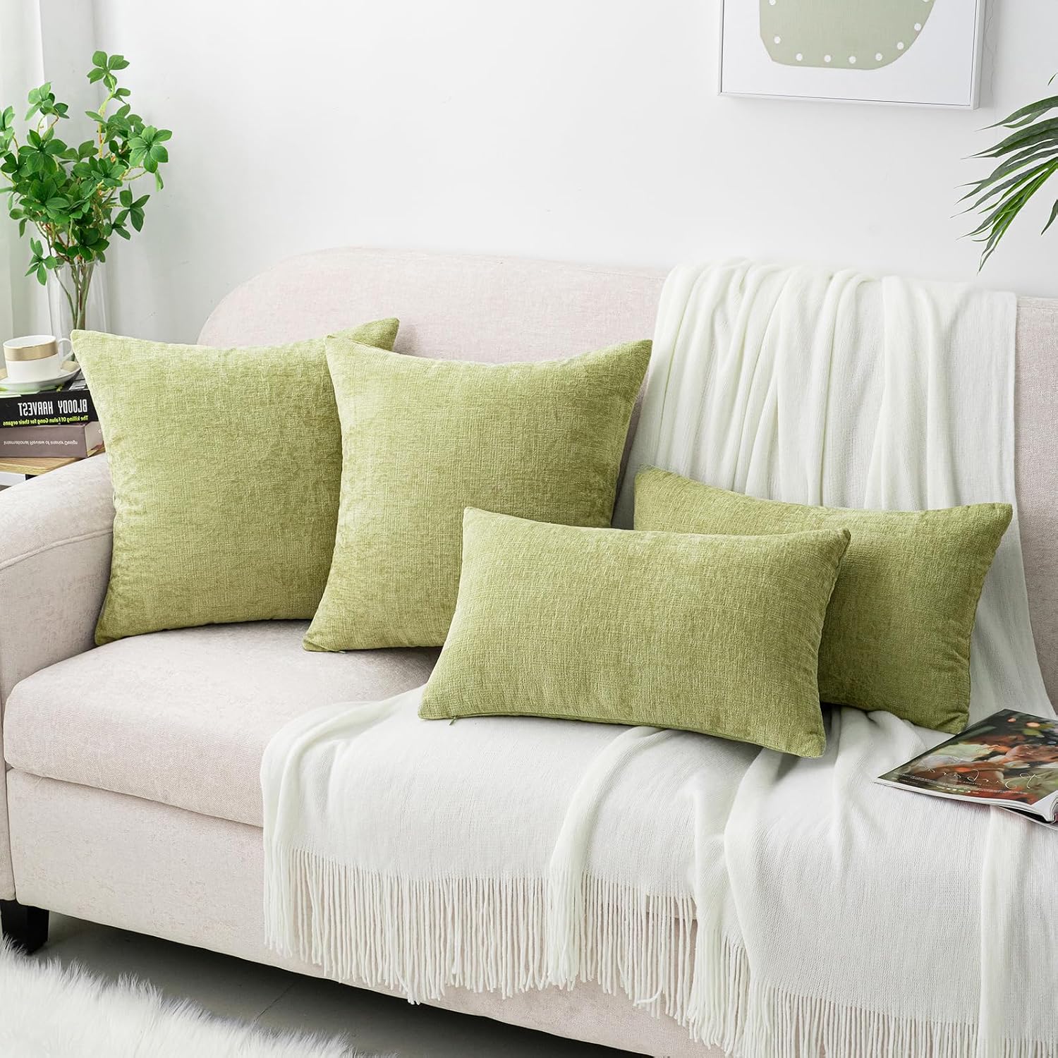Hwy50 HWY 50 Spring Sage Green Throw Pillow Covers 16x16 Inch Pack of 2, Soft Chenille Decorative Cushion Cases for Couch Sofa Bed Living R…