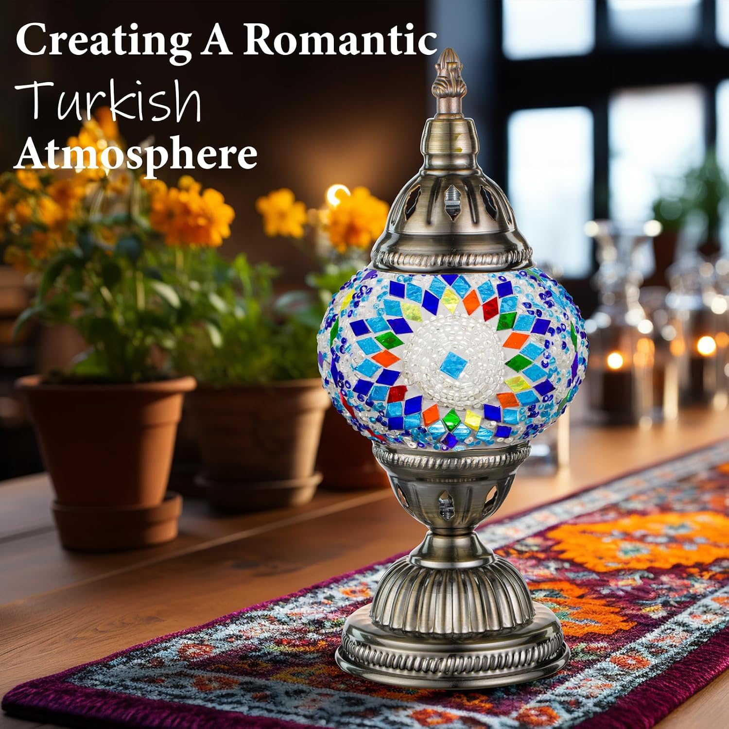 Marrakech Turkish Table Lamp with Bronze Base, Handmade Blue Moroccan Tiffany Style Mosaic Glass Night Stand Light Fixture Including LED…