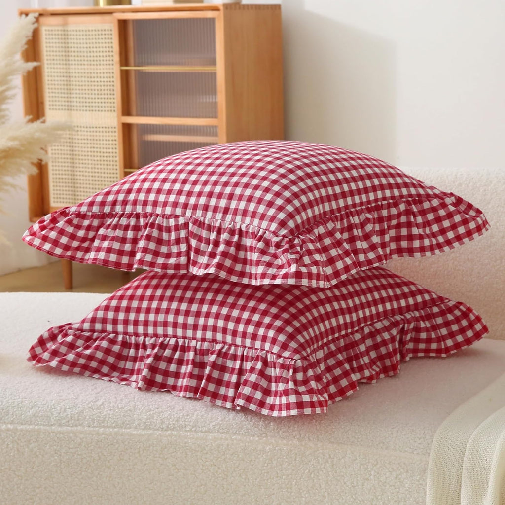 Jilboo 2 Pack 18 x18 inches Red/White Checkered Throw Pillow Covers 100% Washed Cotton Vintage Ruffle Trim Decorative Gingham Pillowcases w…