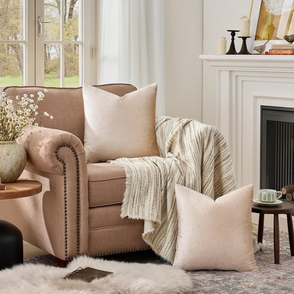 GIGIZAZAFocusingonhomedecoration GIGIZAZA 24x24 Beige Pillow Covers: Pack of 2 Champagne Vintage Throw Pillows Super Soft Velvet Covers - D…