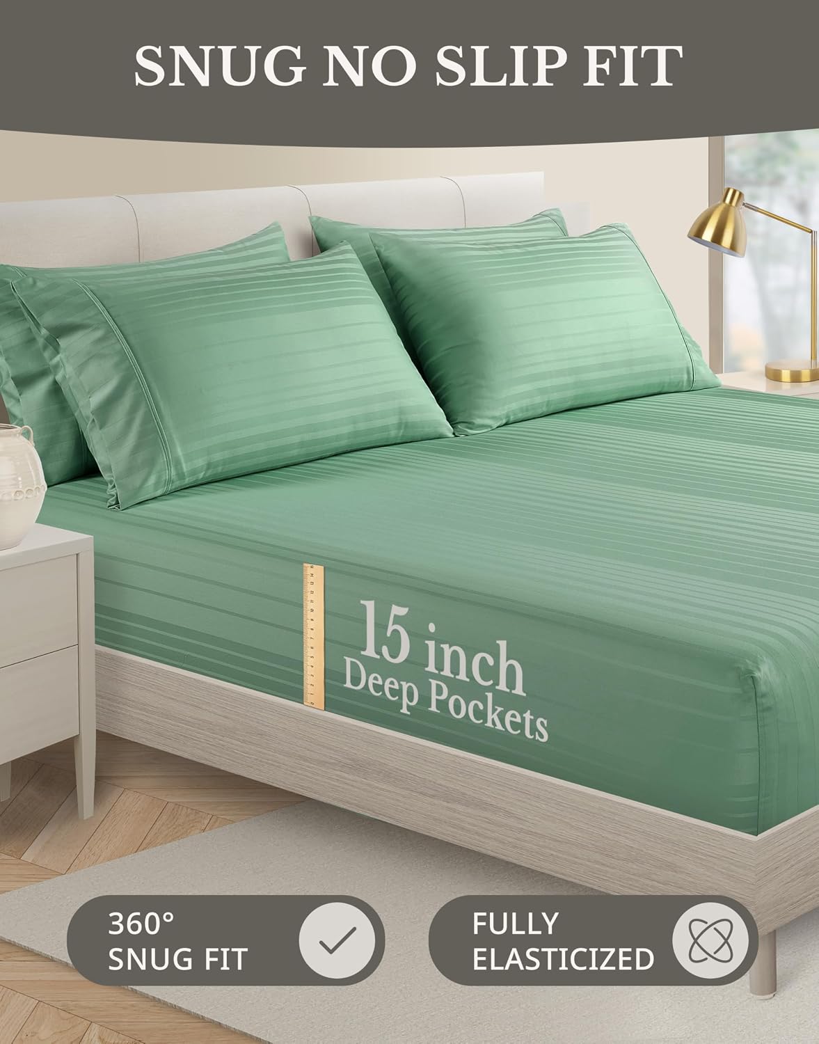 Casa Platino 100% Cotton Sheets Queen Size Set - 6 Pcs (1 Flat, 1 Fitted, 4 Pillowcases) - Striped 500 TC - Ultra Smooth Sateen Weave Bed…