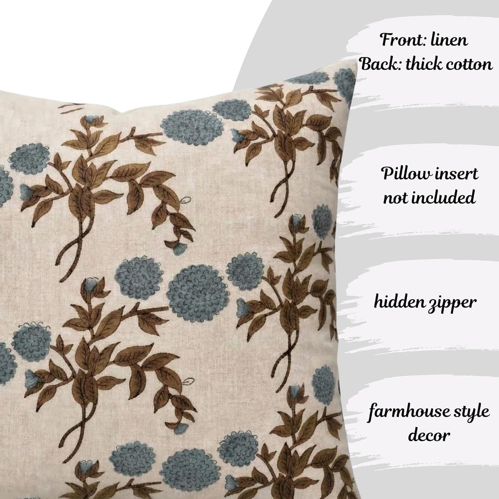 LineandLoop Linen Blue Throw Pillow Covers 18x18 inch Floral Pillows Spring Decorative Pillow Covers for Living Room Bedroom 2 inches cotto…