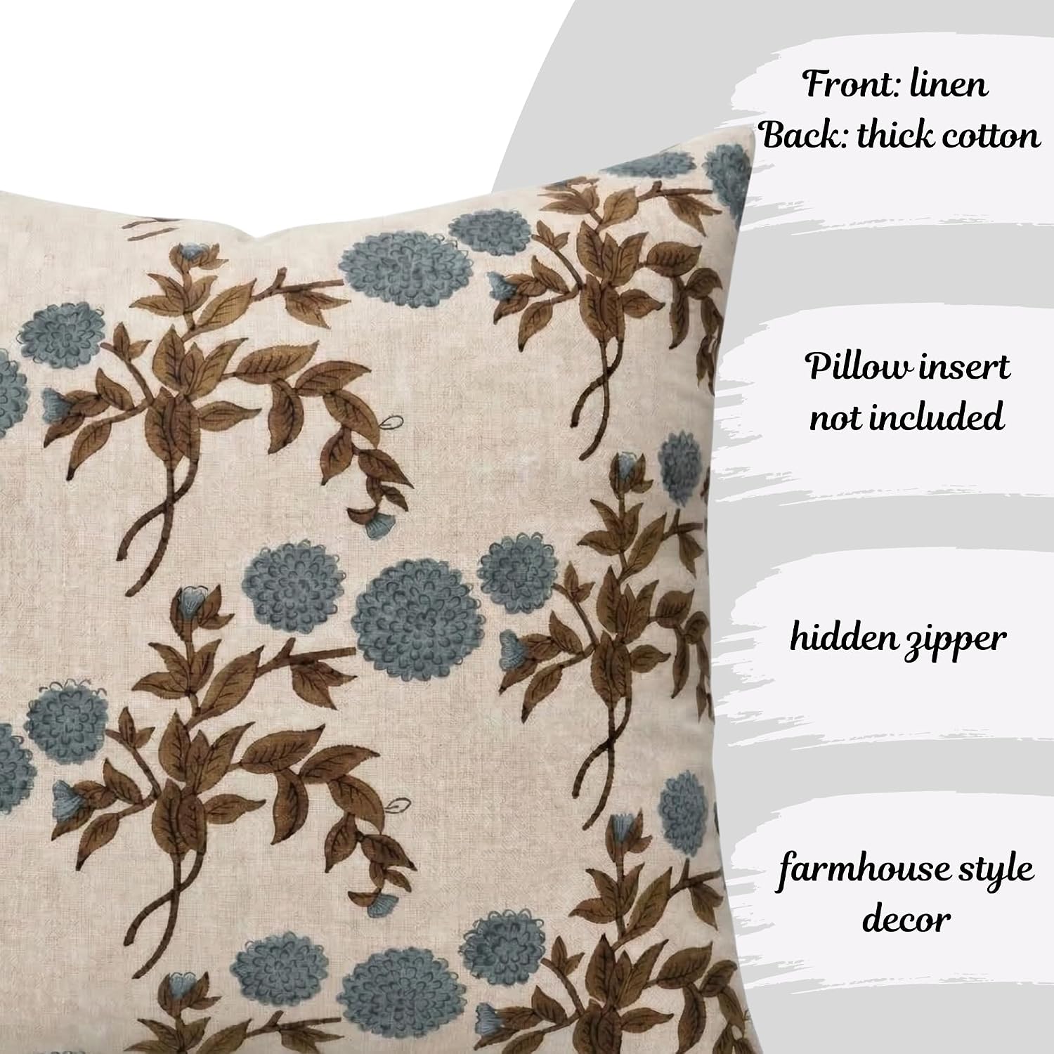 LineandLoop Linen Blue Throw Pillow Covers 18x18 inch Floral Pillows Spring Decorative Pillow Covers for Living Room Bedroom 2 inches cotto…