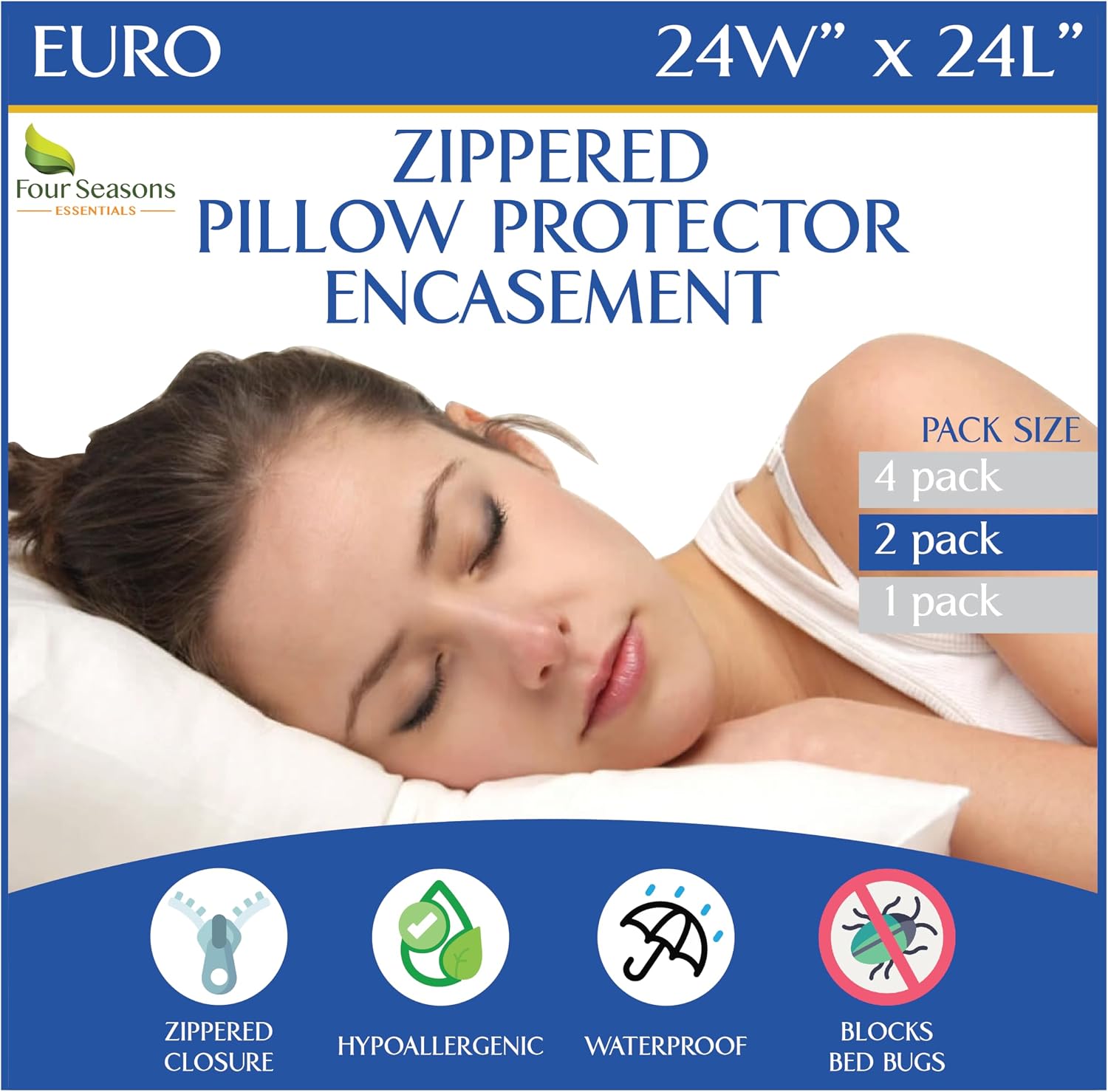 Euro Size Pillow Protectors (Set of 2) - European Square 24x24 Pillow Covers Waterproof Hypoallergenic Dust Proof Zippered Encasement