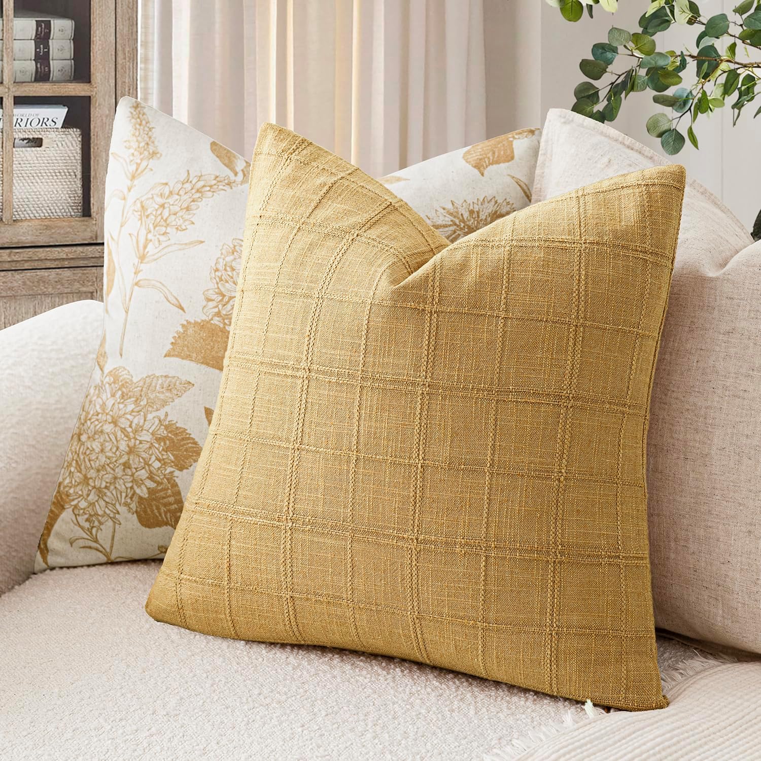 Foindtower Set of 2 Decorative Linen Check Throw Pillow Covers Neutral Farmhouse Vintage Cushion Covers Modern Boho Accent Home Decor for…
