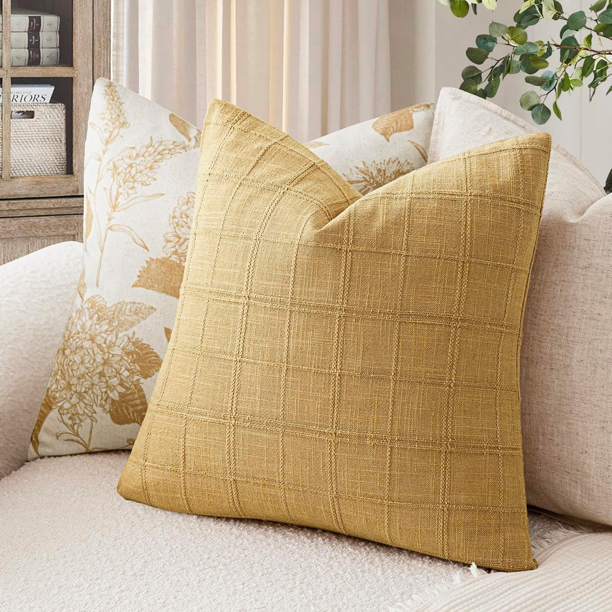 Foindtower Set of 1 Decorative Linen Check Throw Pillow Cover Neutral Farmhouse Vintage Cushion Cover Modern Boho Accent Home Decor for…