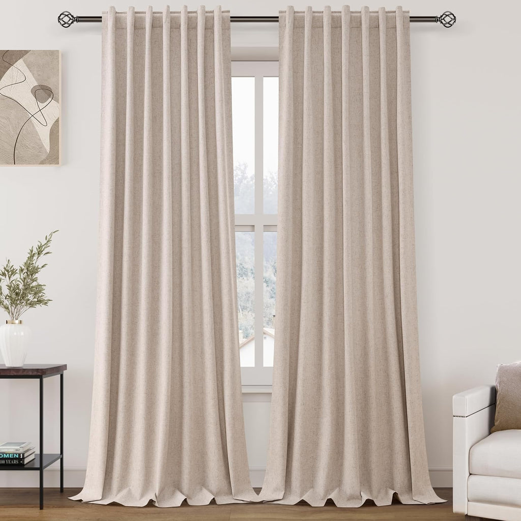 Nanspring Oatmeal 100% Blackout Linen Curtains 96 Inches Long for Bedroom Back Tab Thermal Insulated Neutral Modern Farmhouse Decor Black O…