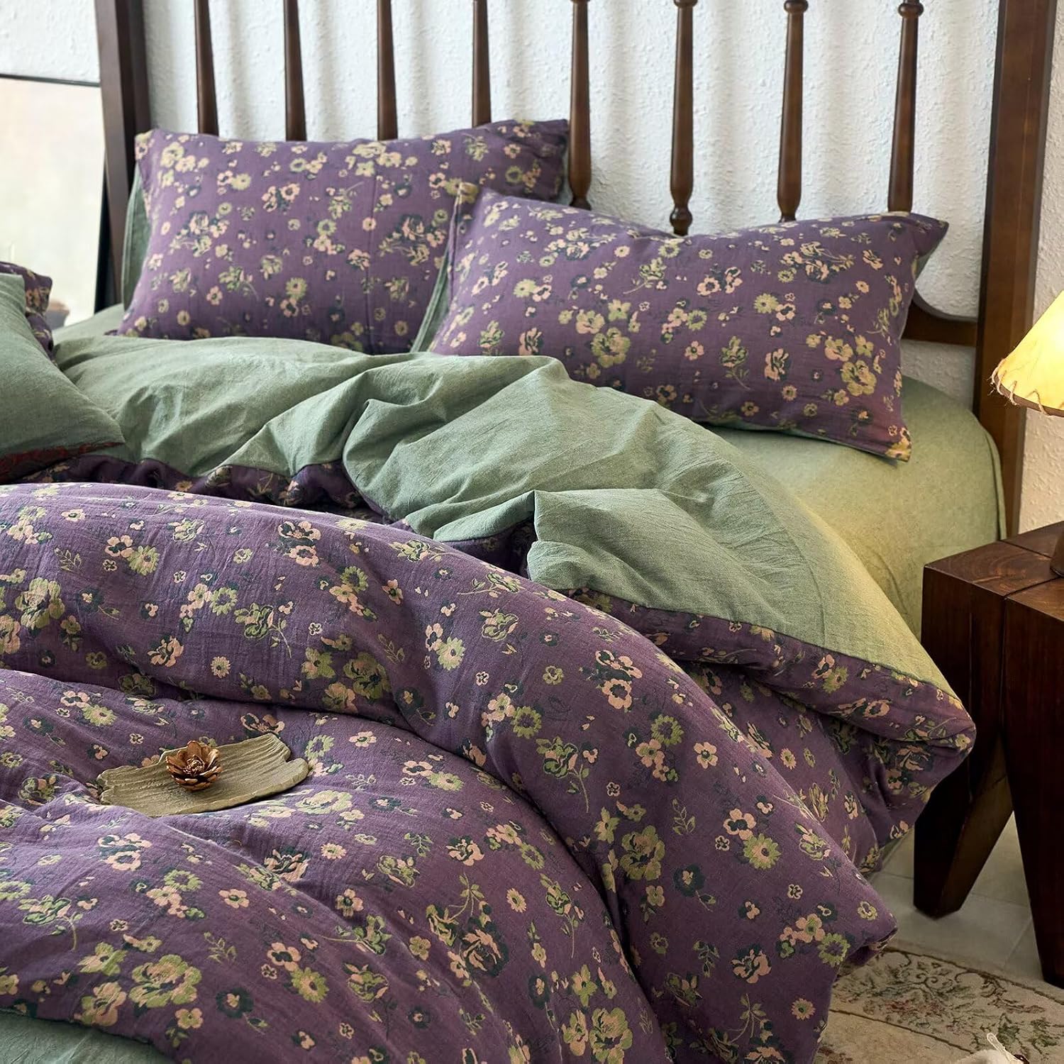 mixinni Vintage Floral Duvet Cover King Set - Purple & Green Reversible Jacquard, 100% Yarn-Dyed Double-Layer Cotton, Breathable Luxury Bed…