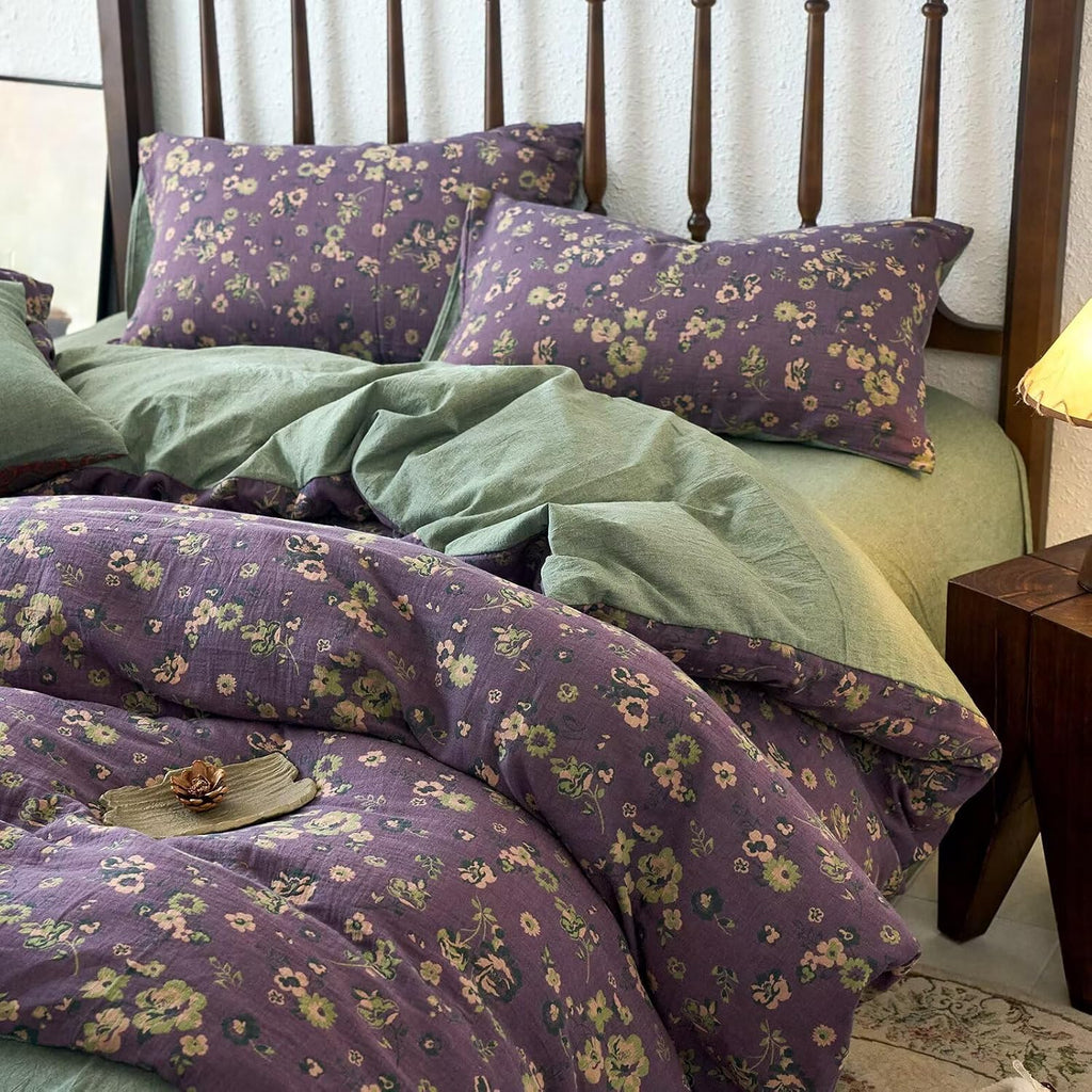 mixinni Vintage Floral Duvet Cover Queen Set - Purple & Green Reversible Jacquard, 100% Yarn-Dyed Double-Layer Cotton, Breathable Luxury Be…