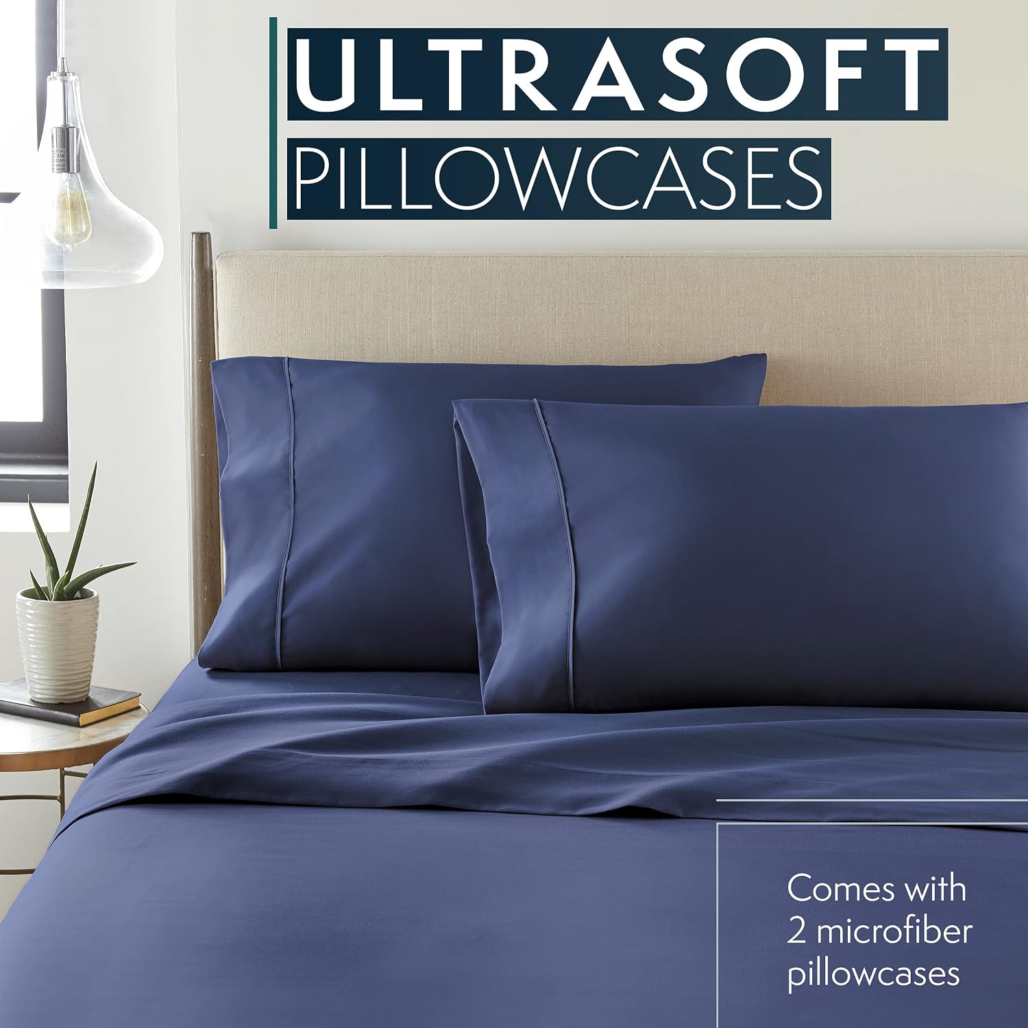 HCCollection HC Collection King Pillow Cases Set of 2- Microfiber, Extra Soft Pillowcases - easy maintenance & Machine Washable - Navy white