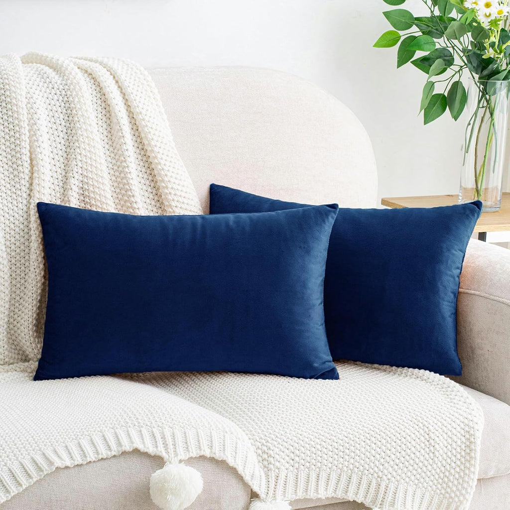 HWY 50 Navy Blue Velvet Rectangular Throw Pillow Covers 12x20 Inch, Pack of 2 Soft Cozy Solid Decorative Luxury Cushion Cases for Couch…
