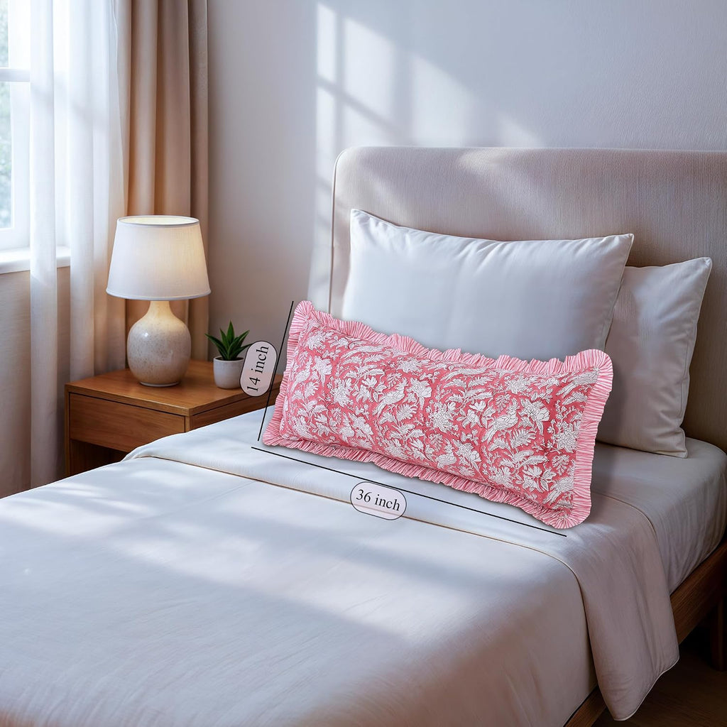 Cottonprintclub CPC Hand Block Print Pink Coral Ruffle Sham Pillow Cover 36" x 14" inch Hidden Zipper Decorative Pillowcase for Couch, Bed,…