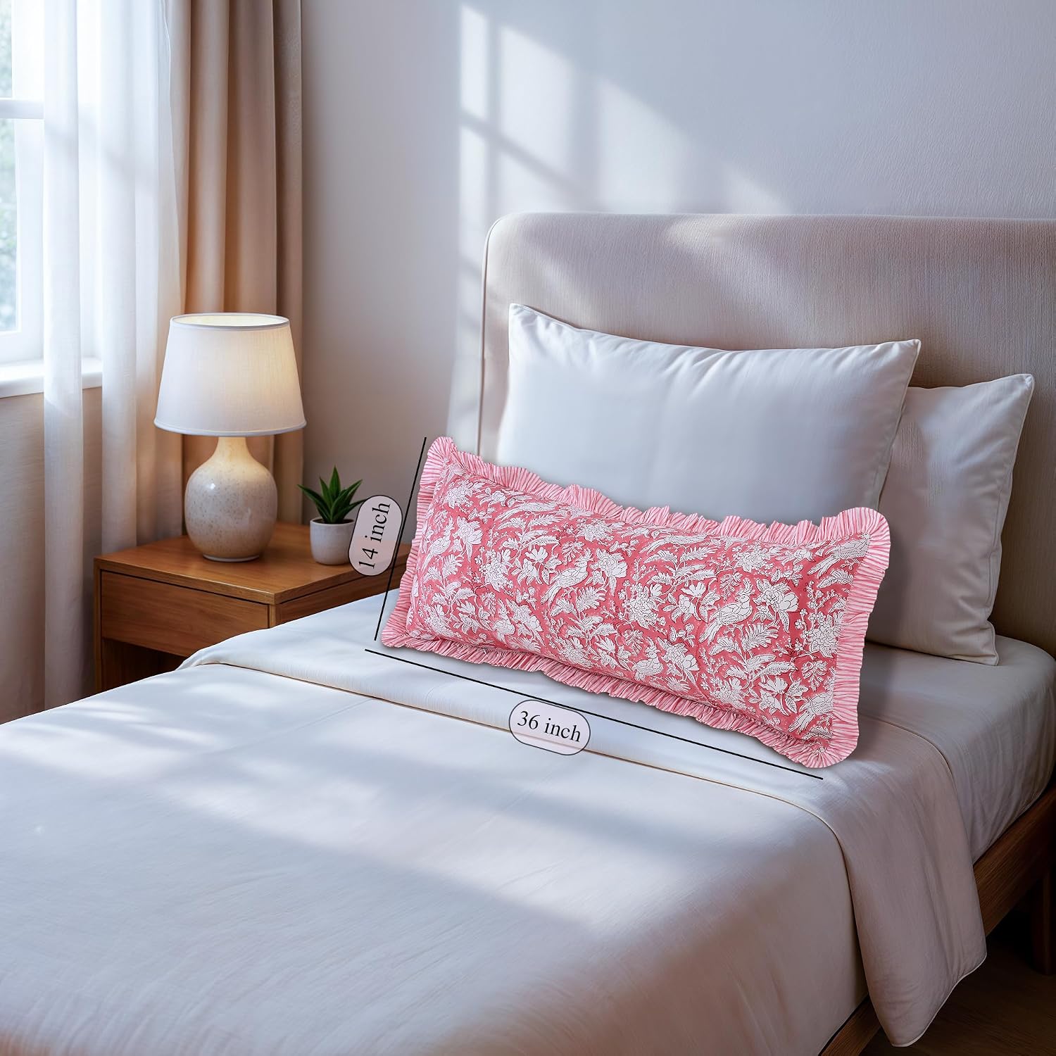 Cottonprintclub CPC Hand Block Print Pink Coral Ruffle Sham Pillow Cover 36" x 14" inch Hidden Zipper Decorative Pillowcase for Couch, Bed,…