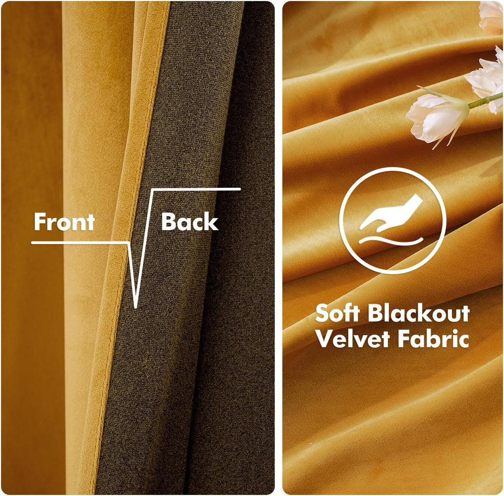 MIULEE 2 Panels Blackout Velvet Curtains Solid Soft Grommet Mustard Yellow Curtains Black Out Thermal Insulated Soundproof Room Darkening…