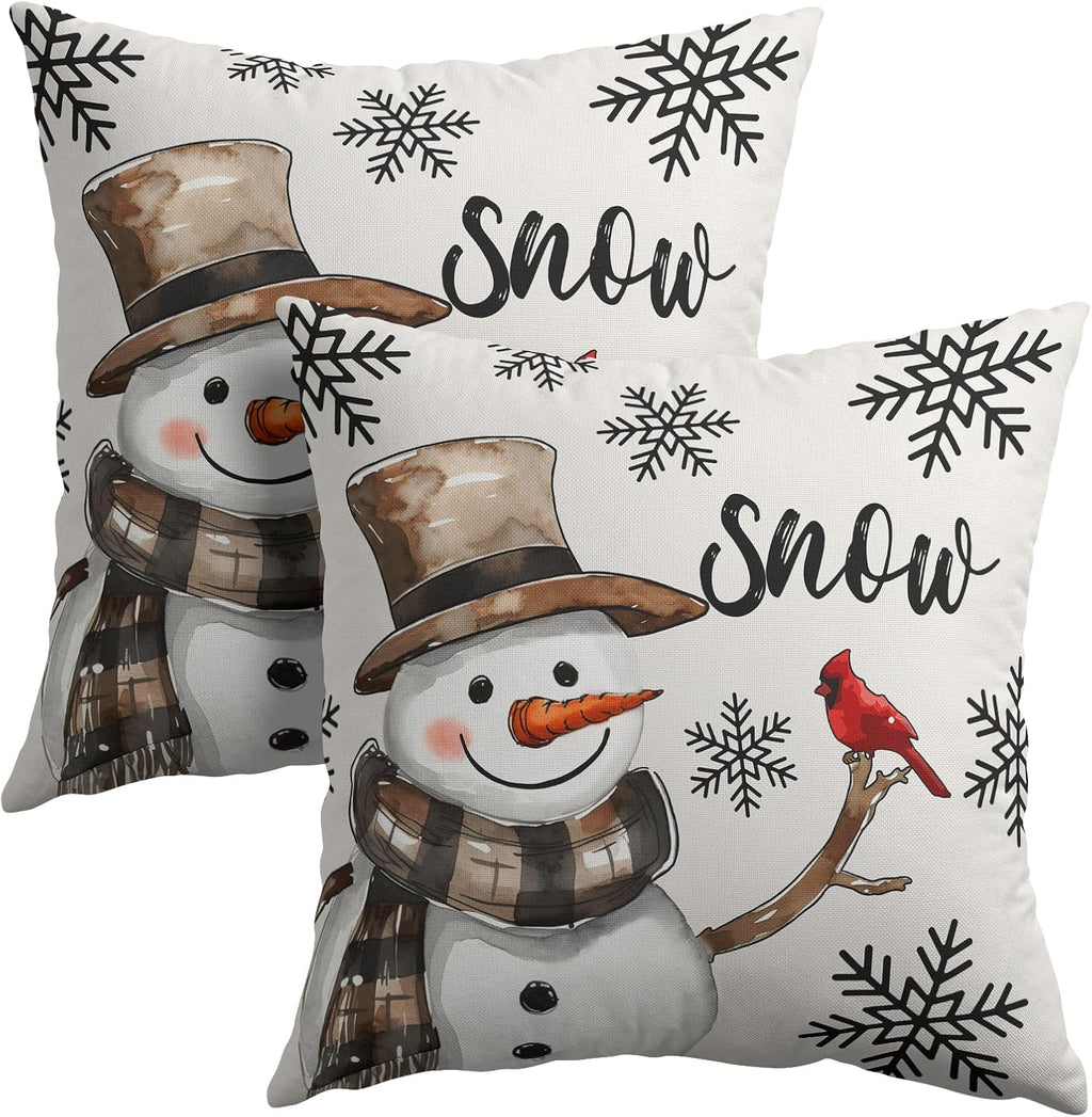 Snowman Throw Pillow Cover Christmas Pillowcase 18x18 Inch Set of 2 Snowflake and Red Cardinal Bird Decorative Cushion Cover Winter…